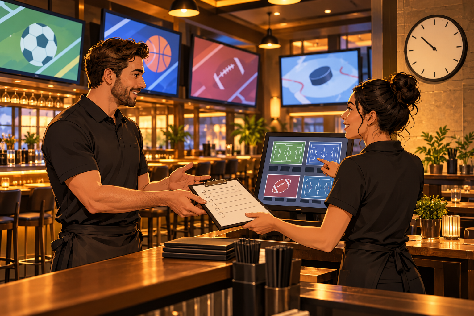 Two venue managers checking a screen plan and an event checklist