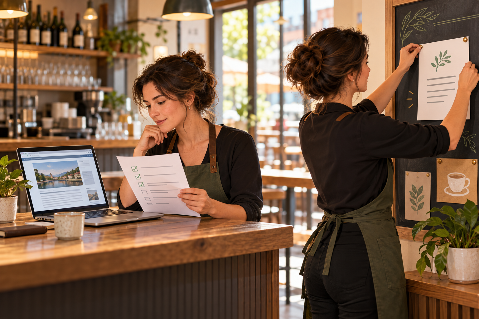 A manager checks a news source before another person updates a customer notice